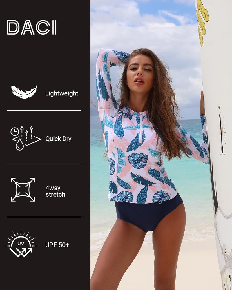 Daci Women Pink Blue 2 Piece Rash Guard Long Sleeve Zipper Bathing Suit with Bottom Built in Bra Swimsuit UPF 50 XXL - Image 3